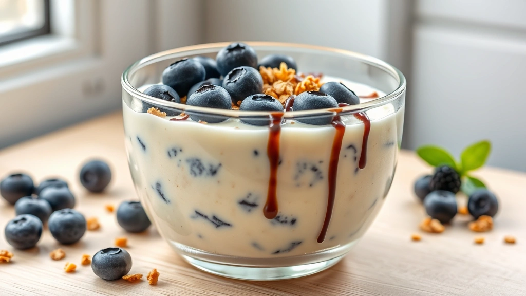 hero: creamy vanilla protein pudding in a clear glass bowl topped with fresh blueberries, granola, and a drizzle of chocolate, photorealistic, natural light from window, no text, styled on light wooden table