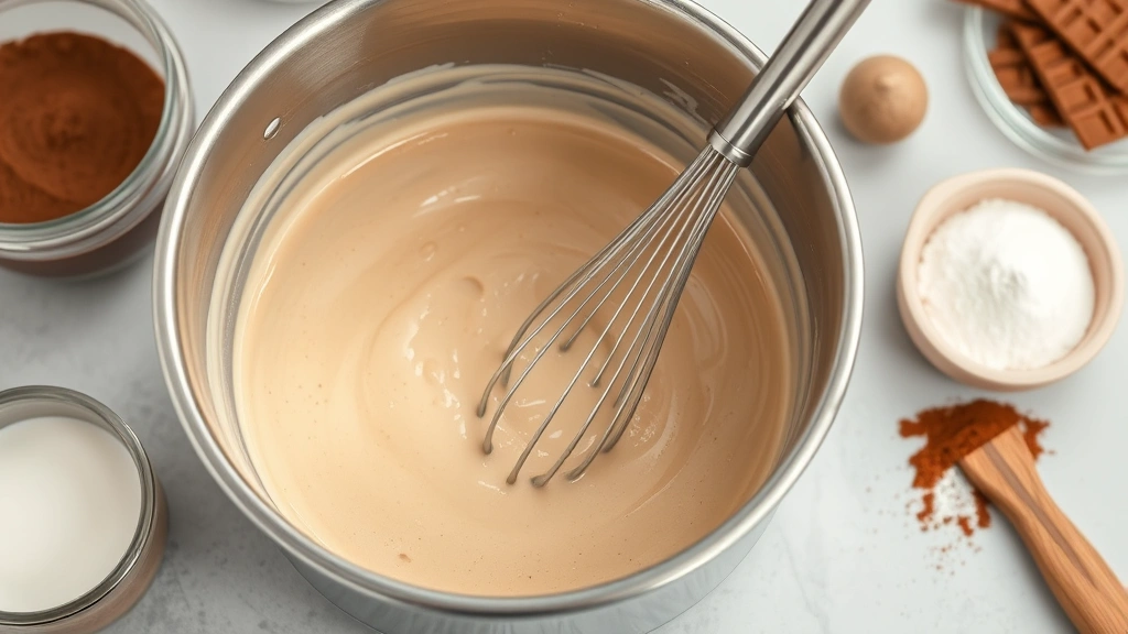 process: whisking smooth protein pudding mixture in stainless steel bowl with whisk, cocoa powder and other ingredients visible nearby, photorealistic, natural kitchen lighting, no text