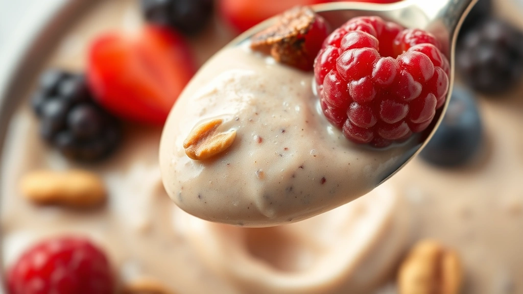 detail: close-up of protein pudding spoonful showing creamy texture with berries and nuts, photorealistic, macro photography, natural light, no text