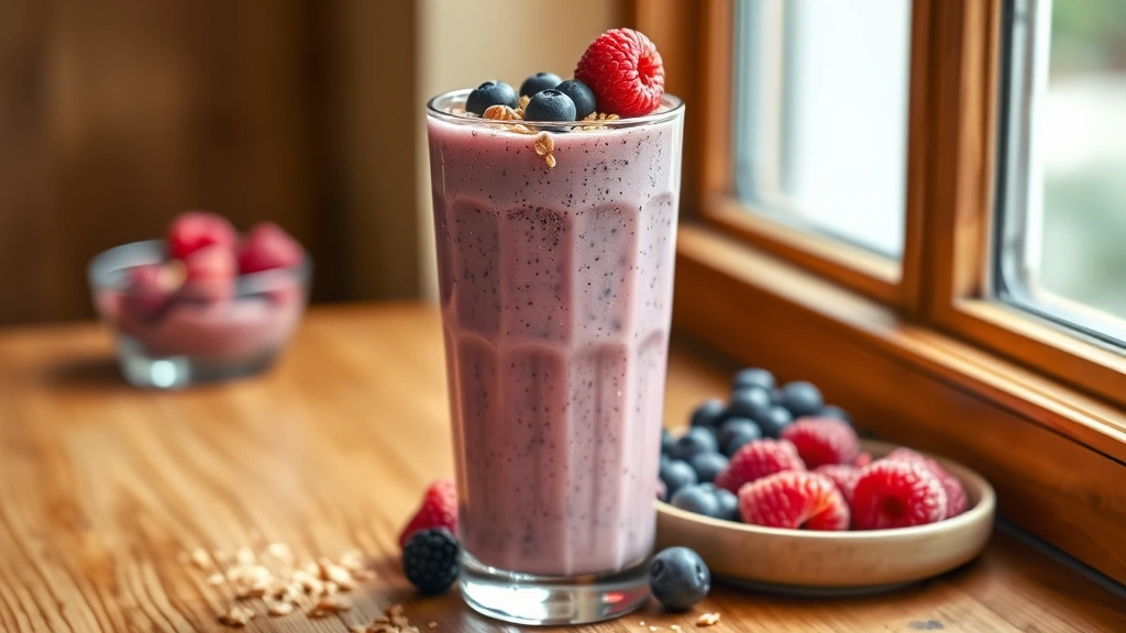 hero: tall glass of creamy protein smoothie topped with granola and fresh berries, condensation on glass, pink and purple smoothie, photorealistic, natural window light, wooden table background, no text