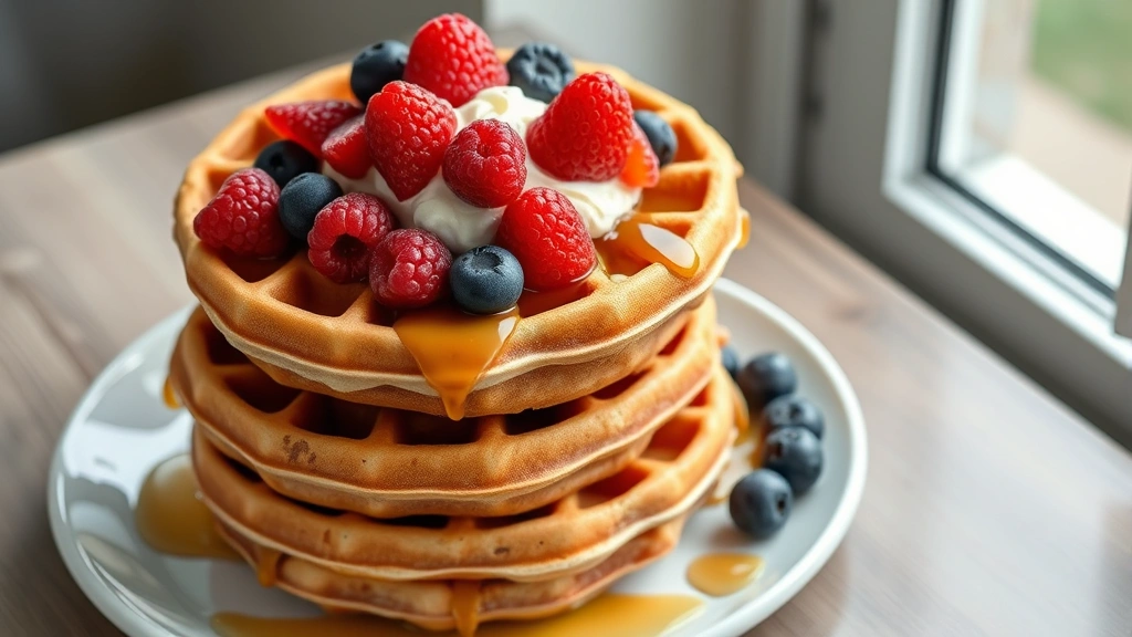 hero: stack of four golden-brown protein waffles topped with fresh berries, Greek yogurt, and honey drizzle, photorealistic, natural window light, no text, overhead angle