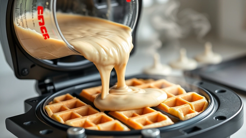 process: pouring protein waffle batter into waffle iron, batter mid-pour, steam rising, photorealistic, natural kitchen light, no text