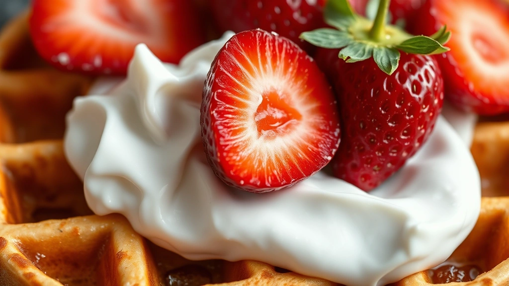 detail: close-up of waffle texture showing crispy edges and fluffy interior, topped with fresh strawberries and a dollop of whipped cream, photorealistic, natural light, macro photography, no text