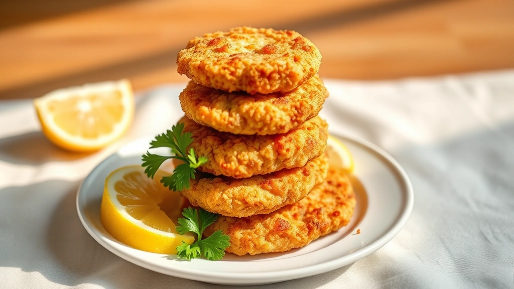 hero: golden crispy chicken tenders stacked on white plate with fresh lemon wedges and parsley garnish, warm natural sunlight from left side, shallow depth of field, food styled on light linen background