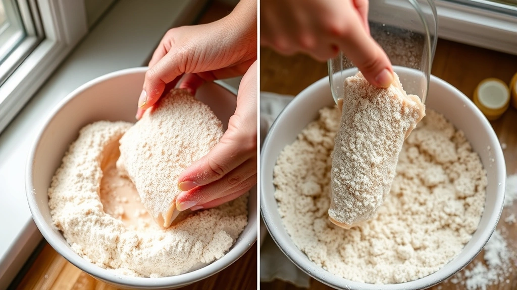 process: hands coating chicken tender in breading mixture in shallow bowl, flour dust in air, natural window light, overhead angle showing texture of breading