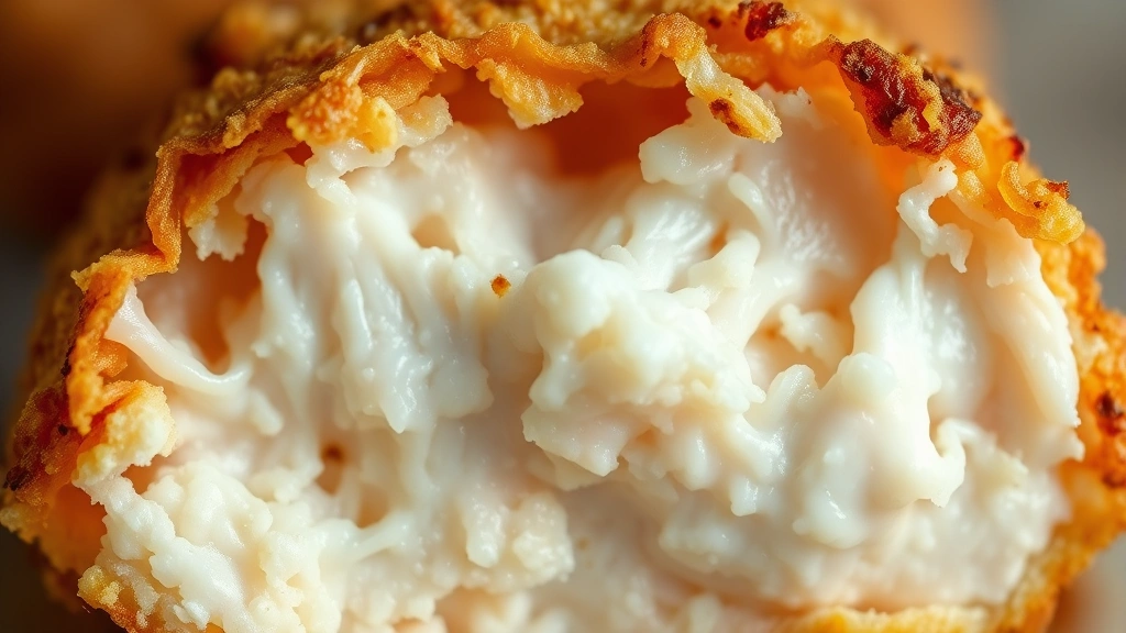 detail: extreme close-up of single bite-sized piece of chicken tender showing crispy golden coating and juicy white chicken interior, natural light, macro photography