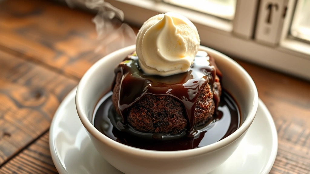 hero: warm chocolate pudding cake in white ceramic bowl, melting vanilla ice cream on top, rich dark sauce pooling underneath, steam rising, natural window light, rustic wooden table background, inviting cozy atmosphere, no text