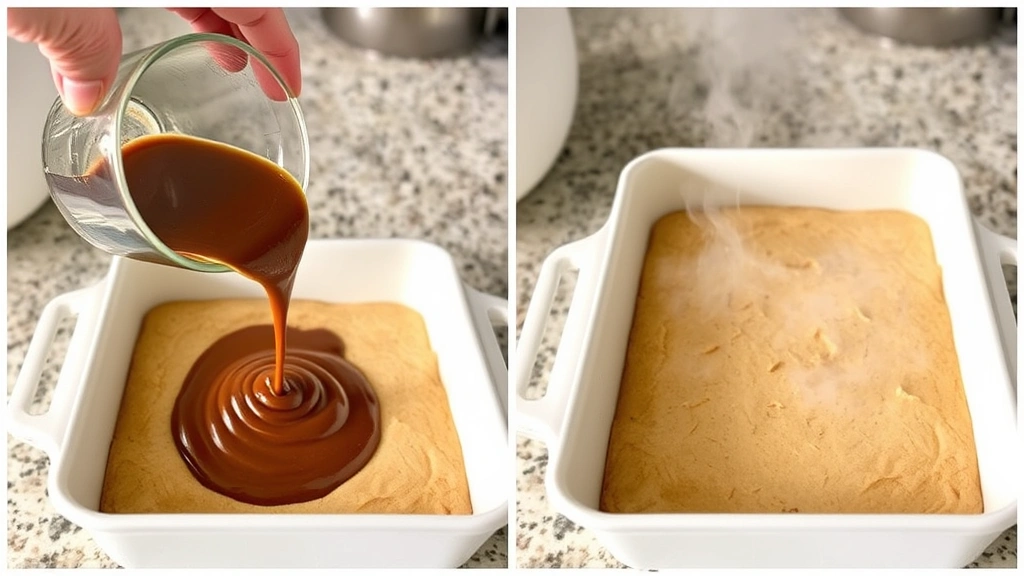 process: hand pouring hot water over cocoa-sugar mixture on cake batter in baking dish, steam visible, kitchen countertop, natural daylight, close enough to see texture, no text