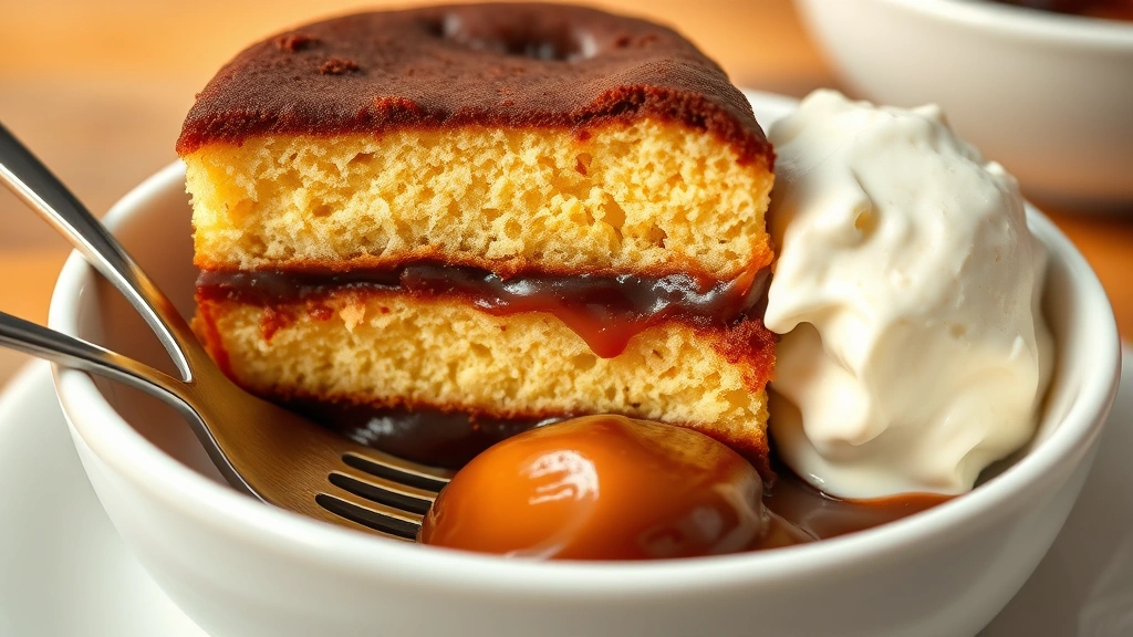 detail: cross-section of baked pudding cake showing three layers - top cake layer, middle transition zone, bottom chocolate sauce pool, served in white bowl with fork, creamy vanilla ice cream melting on side, natural warm lighting, no text