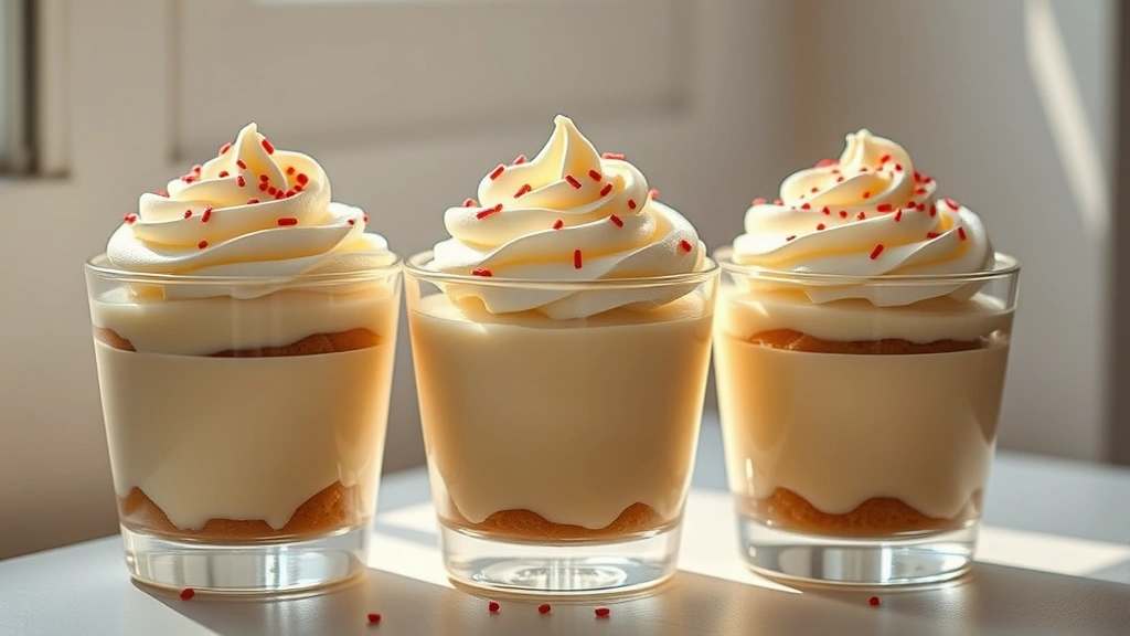 hero: Three beautiful pudding shots in clear glass cups topped with whipped cream and sprinkles, photorealistic, natural window light, minimalist styling, no text