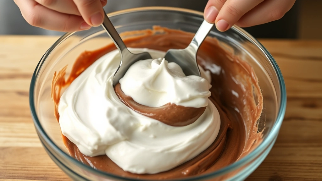 process: Hands folding whipped cream into chocolate pudding mixture with a spatula in a glass bowl, photorealistic, warm kitchen lighting, no text