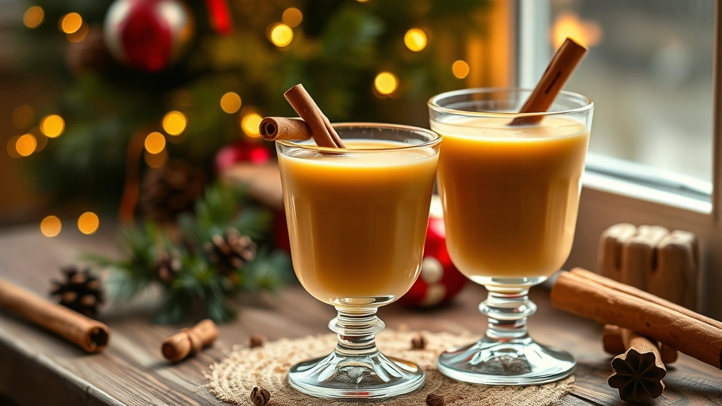 hero: traditional Puerto Rican coquito in vintage glasses with cinnamon stick garnish, golden creamy liquid, warm holiday lighting, festive background with cinnamon sticks and nutmeg, photorealistic, natural window light, no text