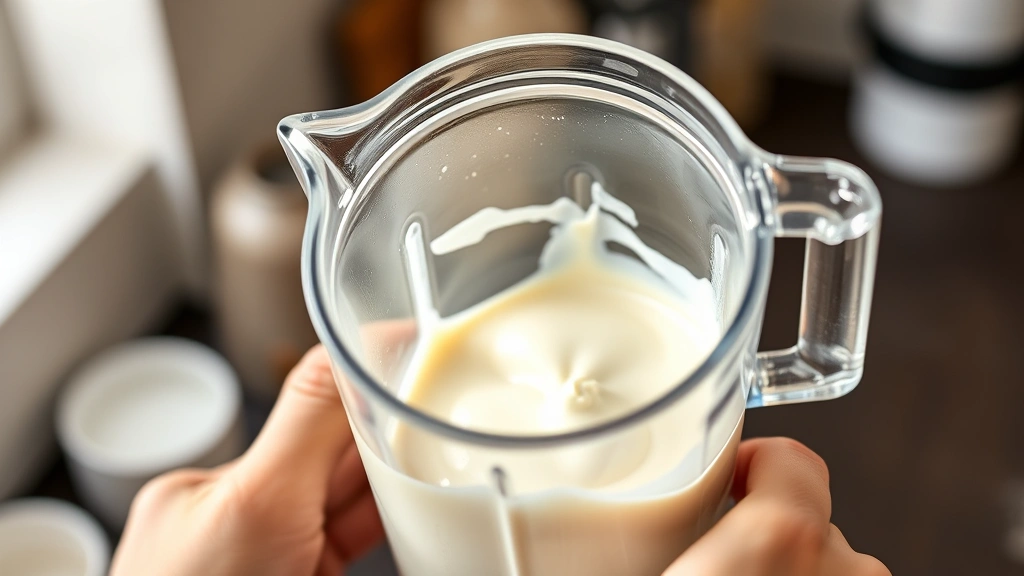 process: blending ingredients for coquito in glass blender, showing silky cream mixture being prepared, hands holding blender, photorealistic, bright kitchen lighting, no text