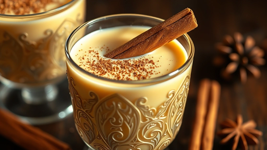 detail: close-up of finished coquito in ornate vintage glass with cinnamon stick, creamy golden texture, nutmeg dust on top, cinnamon sticks and whole spices beside glass, photorealistic, warm natural light, no text