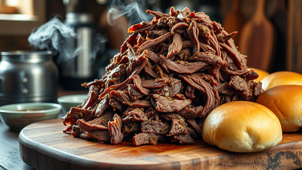 hero: succulent pulled beef piled high on a wooden board with soft buns nearby, steam rising, photorealistic, warm natural light, rustic kitchen setting, no text