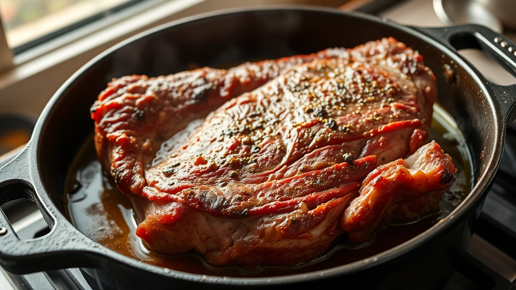 process: beef chuck roast being seared in cast iron Dutch oven with golden brown crust forming, braising liquid simmering, photorealistic, bright natural light from window, no text