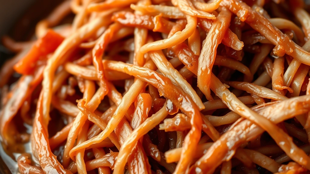 detail: close-up macro shot of shredded pulled beef texture showing tender strands glistening with braising liquid, photorealistic, warm golden light, no text