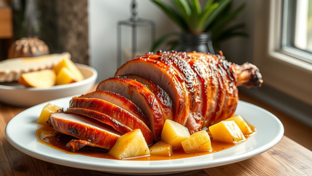 hero: golden caramelized pulled ham on white platter with pineapple chunks and pan sauce, steam rising, natural window light, professional food photography