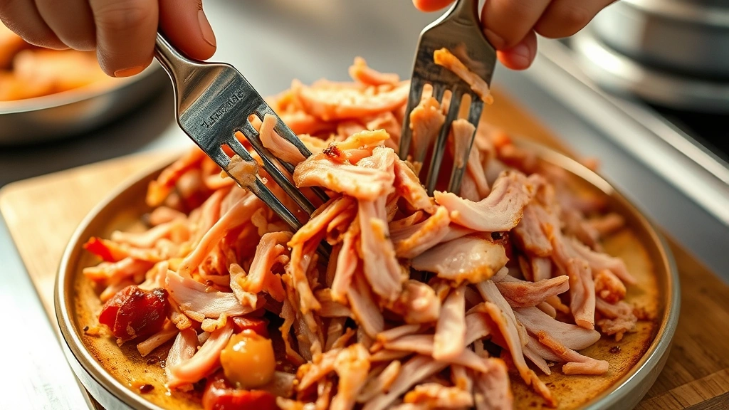 process: hands using two forks to shred cooked ham into tender pulled pieces, close-up action shot, warm kitchen lighting, food in progress