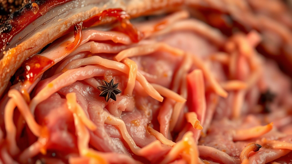 detail: close-up of pulled ham texture showing tender strands with glaze and cloves, shallow depth of field, golden hour lighting, stunning detail