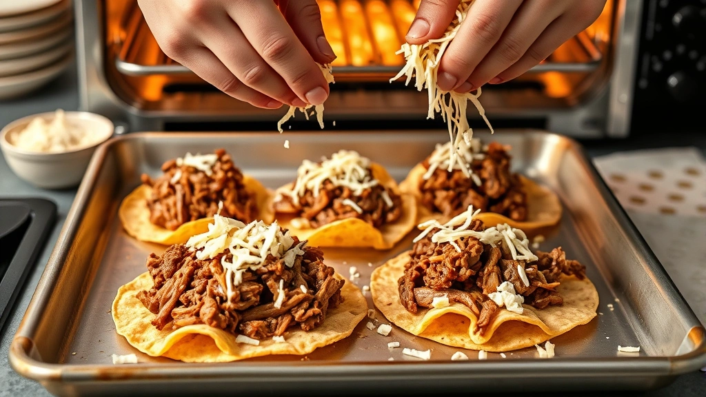 process: hands placing pulled pork onto tortilla chips on a baking sheet, shredded cheese being sprinkled, broiler in background, bright kitchen lighting, photorealistic, no text
