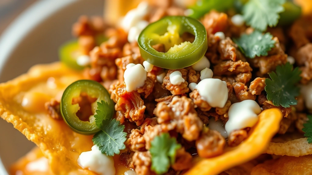 detail: close-up macro shot of single nacho chip loaded with melted cheese, pulled pork, cotija cheese crumbles, jalapeño slice, cilantro leaf, creamy drizzle, soft natural light, shallow depth of field, no text