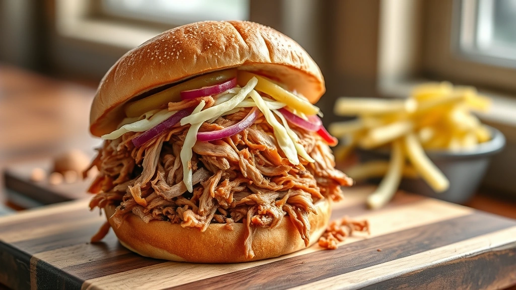 hero: perfectly shredded pulled pork piled high on a toasted hamburger bun, topped with pickled onions and fresh coleslaw, natural window lighting, close enough to see texture and moisture, on a wooden board with napkins, photorealistic, no text