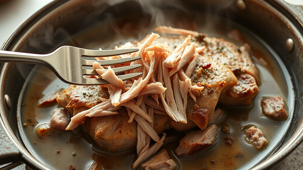 process: fork shredding tender pork shoulder in a roasting pan with steaming cooking liquid visible, action shot showing the meat falling apart easily, steam rising, natural daylight, photorealistic, no text
