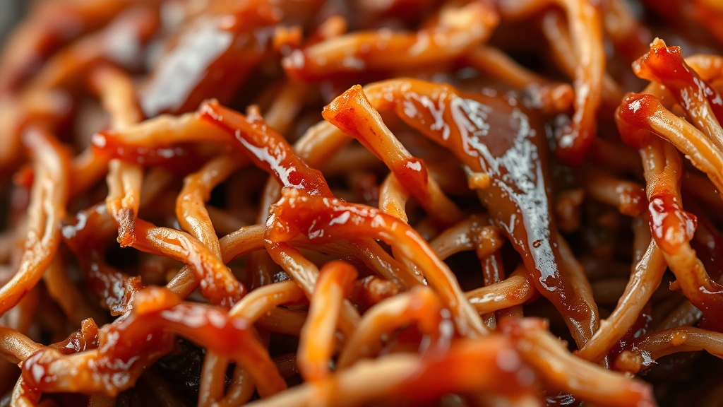 detail: close-up macro shot of pulled pork fibers with glistening sauce coating, shallow depth of field highlighting tender strands, natural warm lighting, photorealistic, no text
