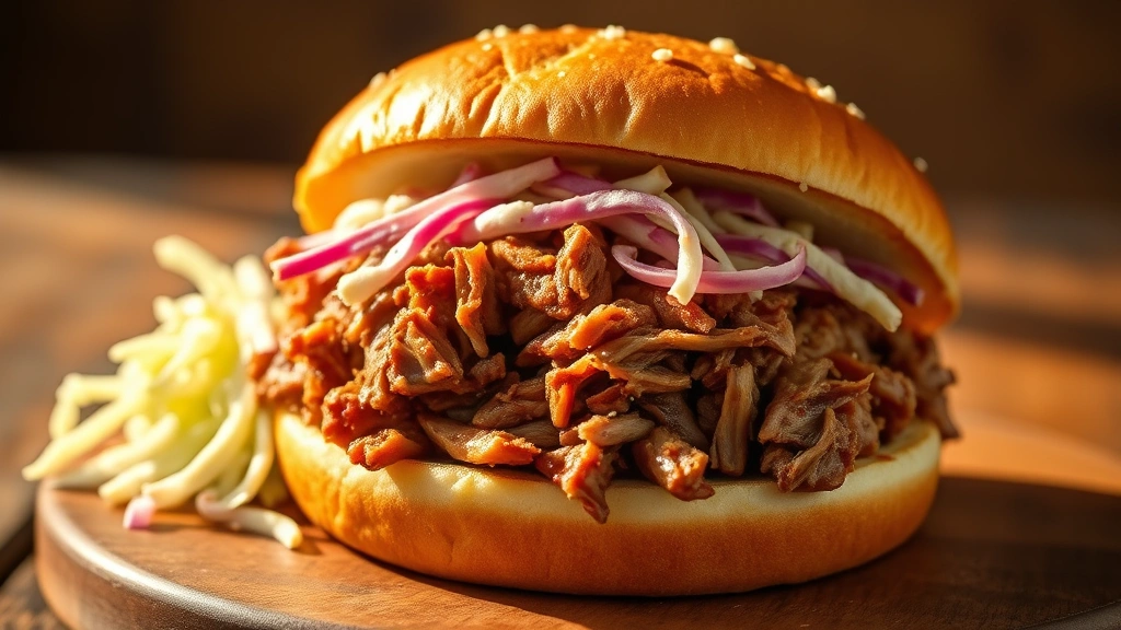 hero: perfectly pulled pork on a soft bun with coleslaw, photorealistic, natural golden sunlight streaming in, no text, professional food styling
