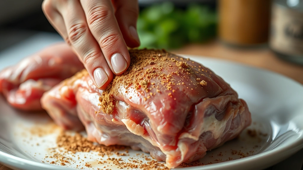 process: hand rubbing dry spice mixture onto raw pork shoulder, photorealistic, natural kitchen lighting, close action shot, no text
