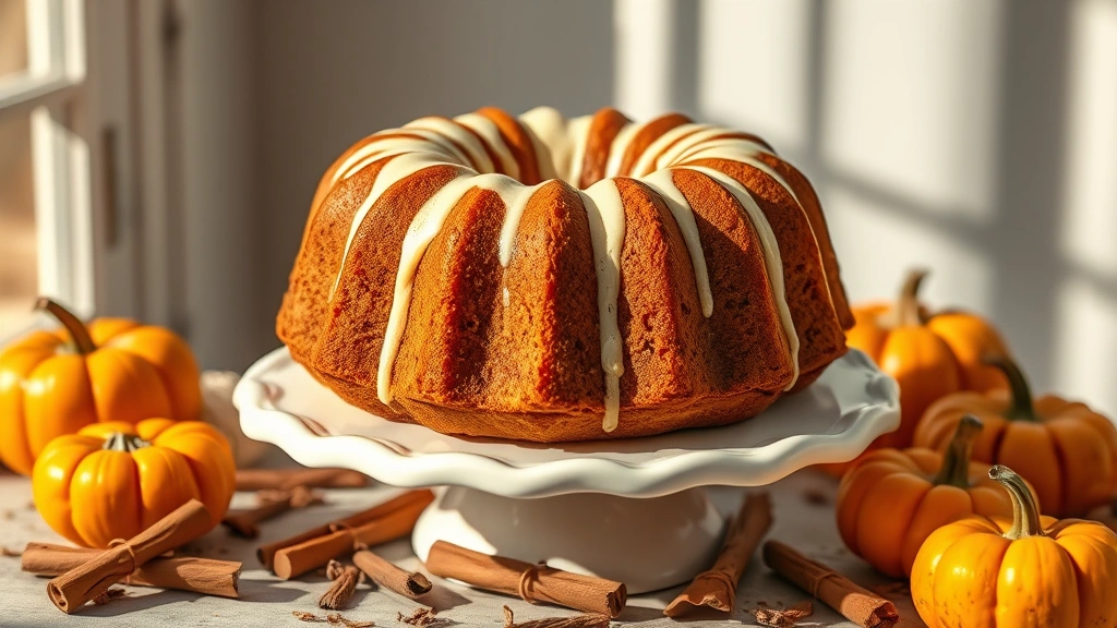 hero: golden-brown pumpkin bundt cake with cream cheese glaze dripping down the sides, displayed on a white ceramic cake stand, surrounded by scattered cinnamon sticks and pumpkins, photorealistic, natural autumn sunlight streaming in, no text