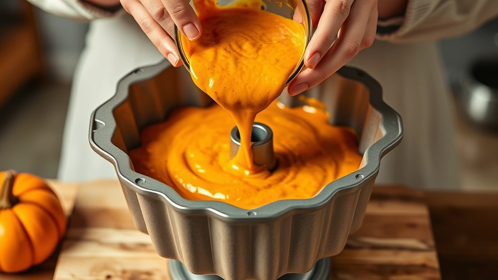 process: hands pouring pumpkin batter into a bundt pan, close-up action shot showing the rich orange batter, photorealistic, warm kitchen lighting, no text
