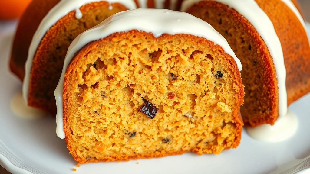detail: cross-section of finished pumpkin bundt cake showing moist tender crumb with visible spices, cream cheese glaze coating the top, photorealistic, natural light, macro photography, no text