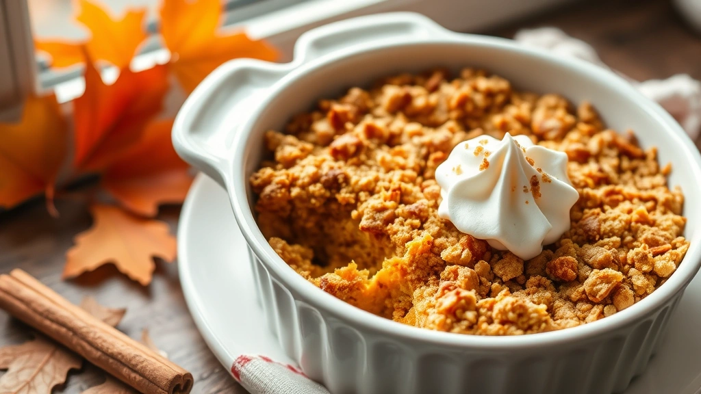 hero: pumpkin crunch dessert in white ceramic baking dish, golden crispy topping, warm whipped cream dollop on side, autumn leaves and cinnamon sticks as props, photorealistic, natural window light, no text