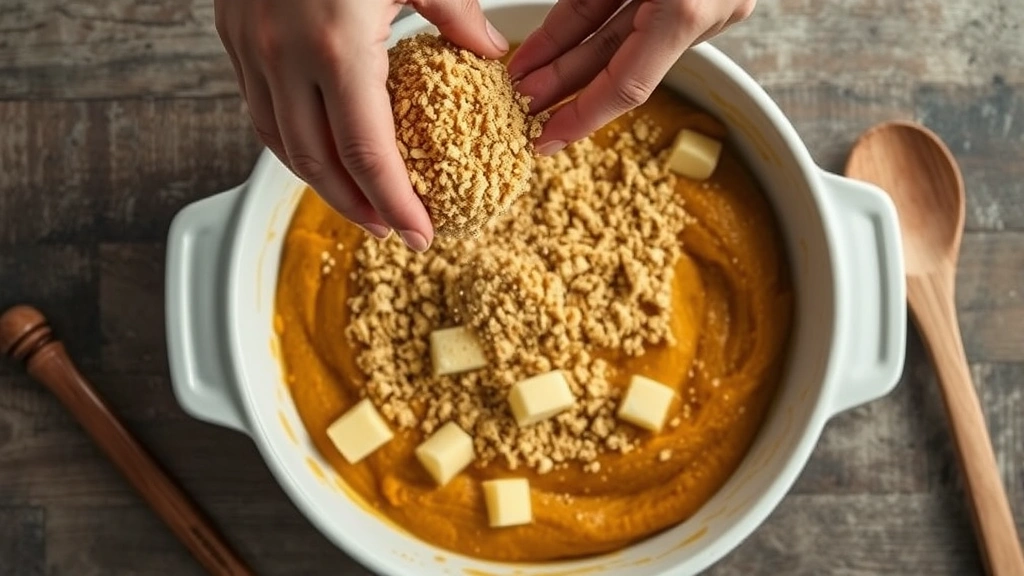 process: hands sprinkling golden crumb topping over pumpkin batter in baking dish, butter pieces visible in mixture, wooden spoon nearby, photorealistic, natural light from above, no text