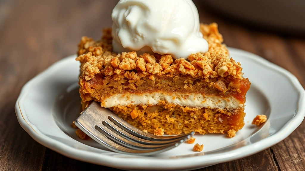 detail: close-up cross-section of baked pumpkin crunch showing three distinct layers - golden crunch top, spiced pumpkin middle, tender cake base, fork resting on plate, vanilla ice cream melting on top, photorealistic macro photography, natural light, no text