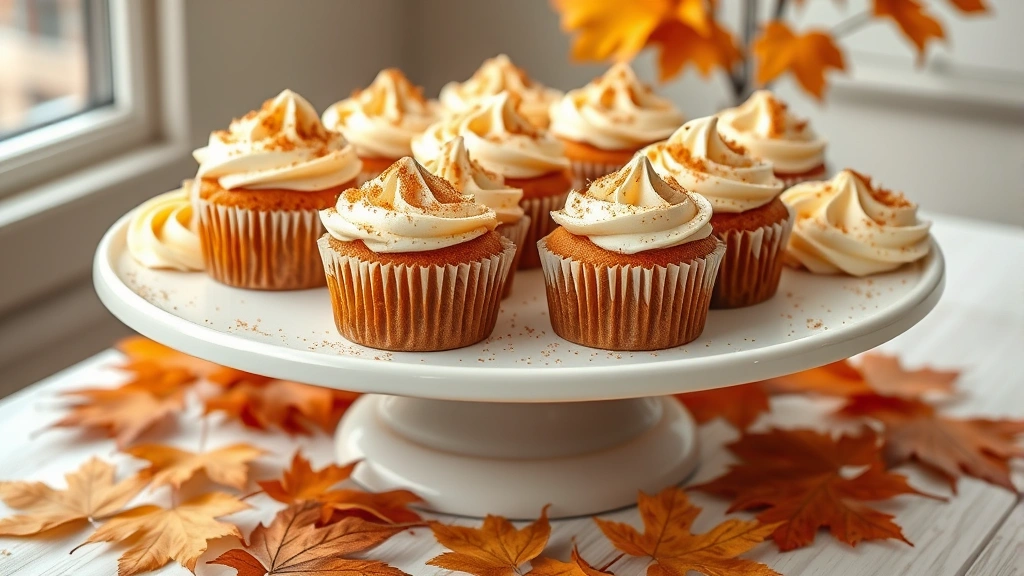 hero: dozen frosted pumpkin cupcakes with cream cheese frosting and cinnamon sugar garnish arranged on white cake stand, autumn leaves scattered around, photorealistic, natural window lighting, no text