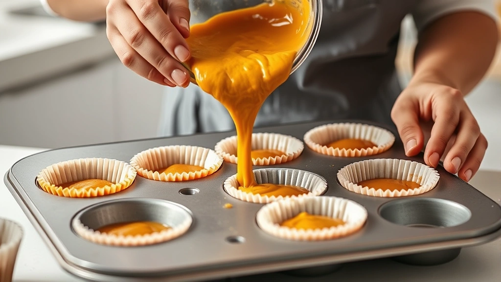 process: pouring pumpkin batter into lined muffin tin, baker's hands visible, cupcake liners with batter, photorealistic, bright kitchen lighting, no text