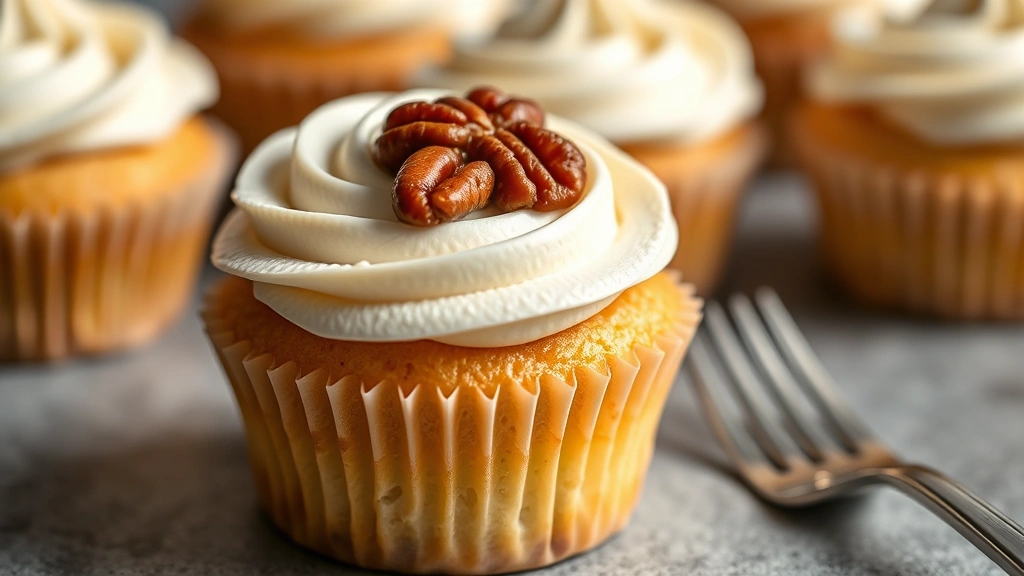 detail: close-up of single cupcake with piped cream cheese frosting, candied pecan on top, fork beside it, photorealistic, shallow depth of field, natural light, no text