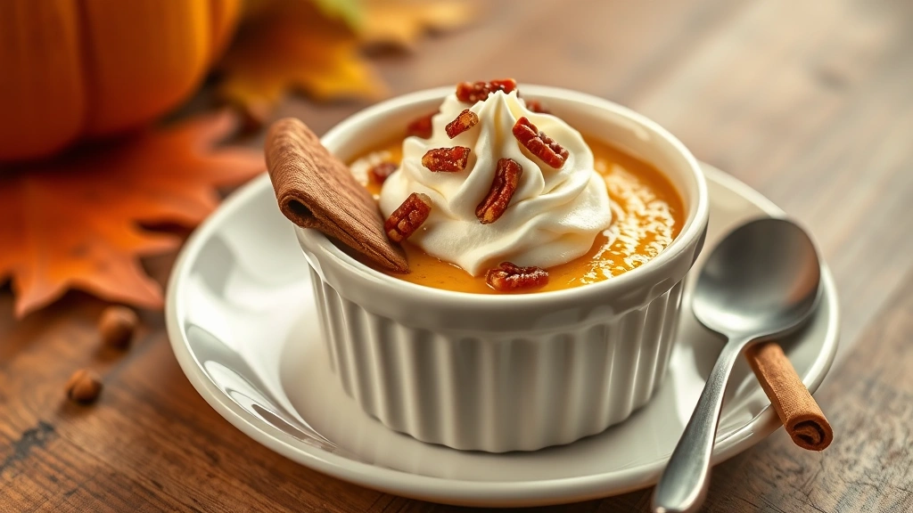 hero: individual pumpkin custard in ceramic ramekin topped with whipped cream and candied pecans, warm autumn lighting, wooden table surface, garnished with cinnamon stick, photorealistic, natural light, no text