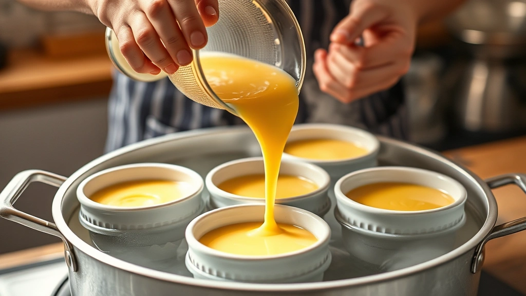 process: pouring strained custard mixture into ceramic ramekins in water bath, hands visible, steam rising, warm kitchen lighting, photorealistic, natural light, no text