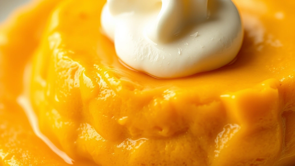 detail: close-up cross-section of pumpkin custard showing silky creamy texture with slight jiggle, golden color, topped with whipped cream dollop, macro photography, photorealistic, natural light, no text