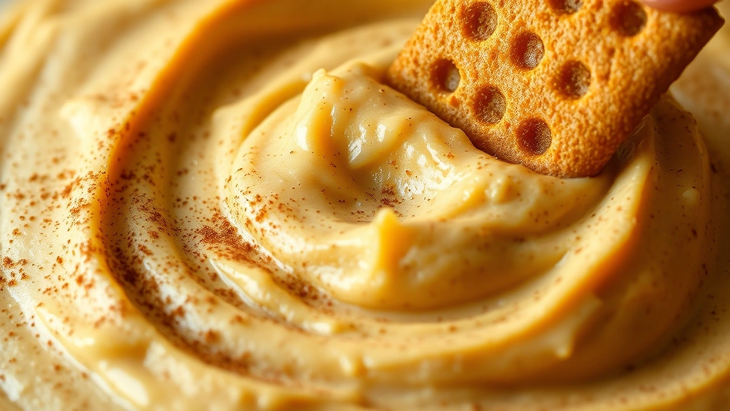 detail: close-up of pumpkin dip with a graham cracker dipped in, showing creamy texture and smooth consistency, cinnamon dusting visible, photorealistic, natural light, no text