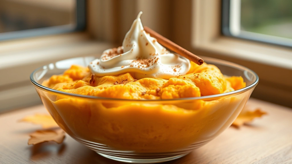 hero: pumpkin fluff dessert in elegant glass bowl, bright orange fluffy texture, topped with whipped cream and cinnamon, natural window light, autumn themed, photorealistic, no text