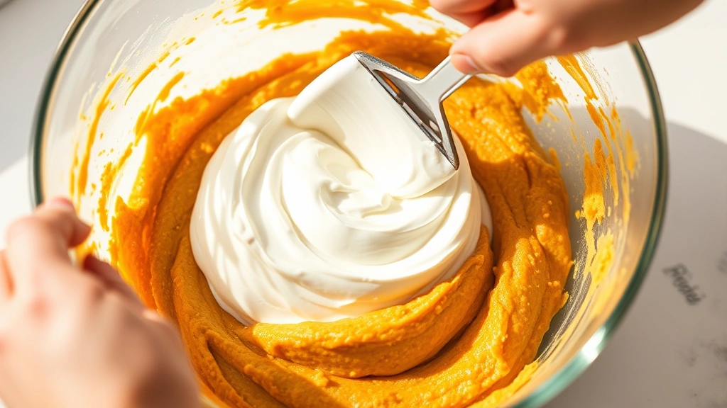 process: hand folding whipped cream into pumpkin mixture with spatula, close action shot, bright natural light, showing folding technique, photorealistic, no text
