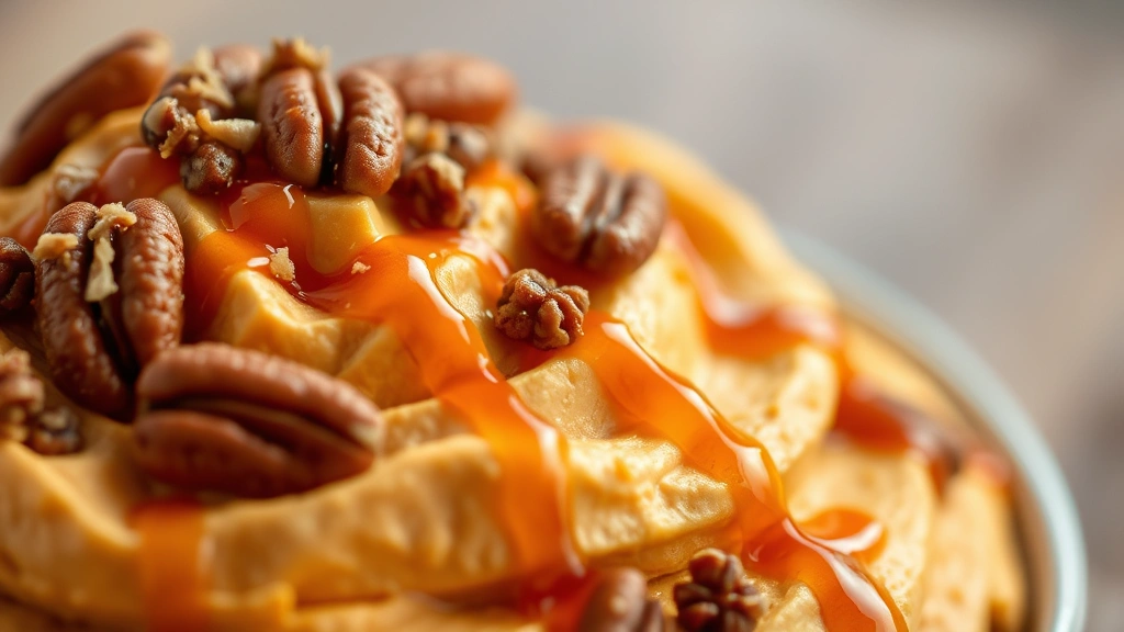 detail: close-up of pumpkin fluff texture with candied pecans and caramel drizzle on top, shallow depth of field, warm natural light, photorealistic, no text