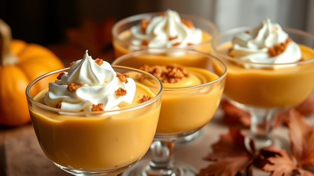 hero: silky pumpkin mousse in elegant glass bowls topped with whipped cream and gingersnap crumbles, warm autumn lighting, creamy golden texture
