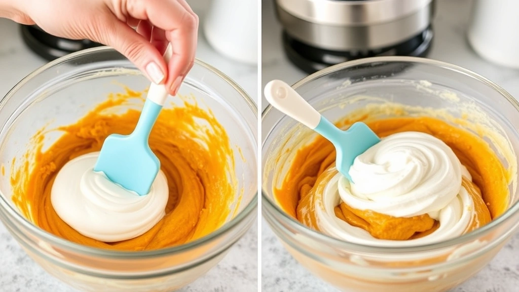 process: hand folding whipped cream into pumpkin mixture with rubber spatula, showing light airy texture being created, natural kitchen lighting