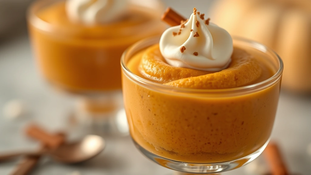 detail: close-up of finished pumpkin mousse in glass with dollop of whipped cream and gingersnap garnish, shallow depth of field, golden hour light